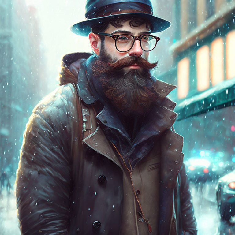 Bearded man in glasses and hat in winter coat in snowfall