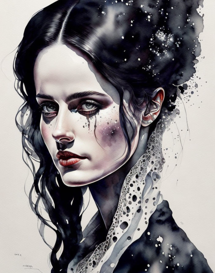 Dark-haired Woman Watercolor Portrait with Cosmic Elements