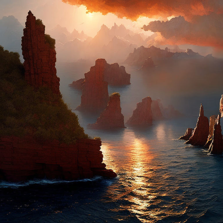 Majestic sunset over rugged coastline and towering rock formations