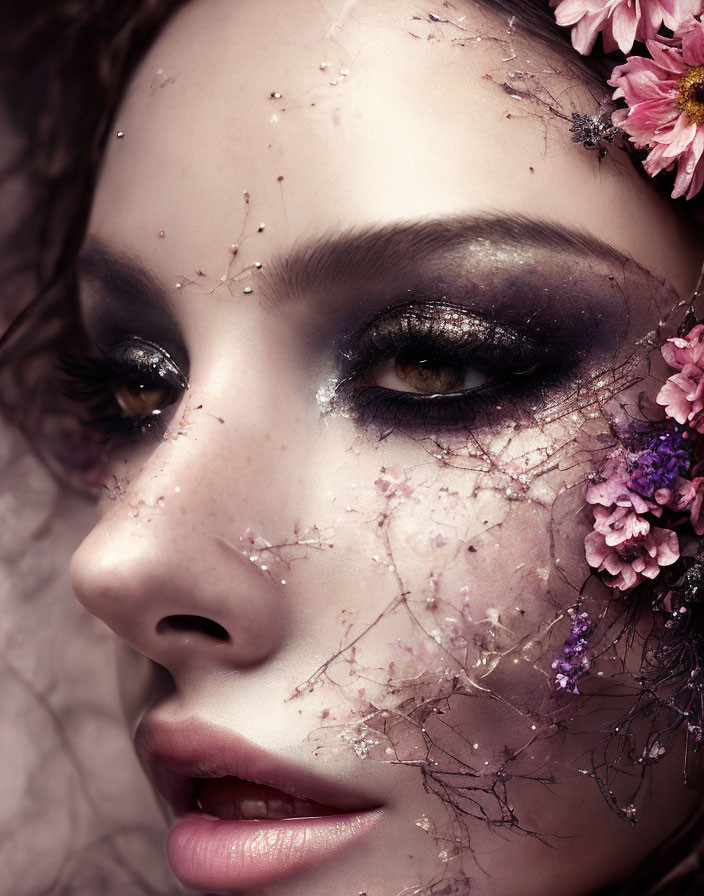 Detailed image of woman's face with artistic makeup and floral adornments.