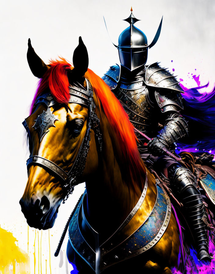 Colorful digital artwork featuring knight on golden horse in ornate blue armor