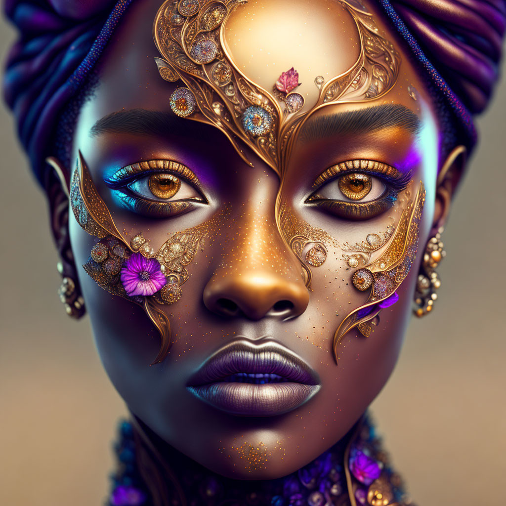 Digital art portrait of a woman with gold facial adornments and vibrant eyes on a neutral background