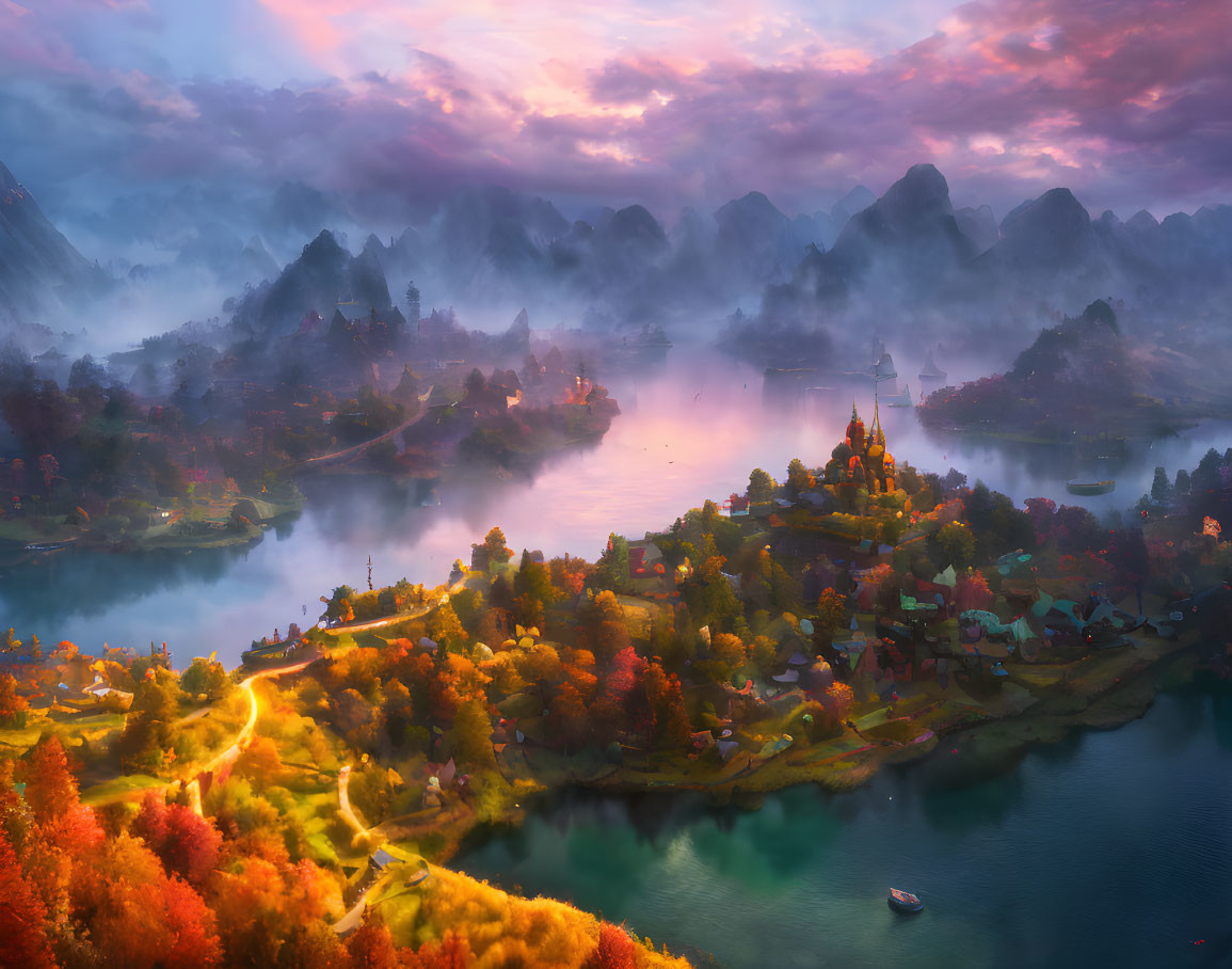 Vibrant sunset landscape: village by river, mountains, colorful trees