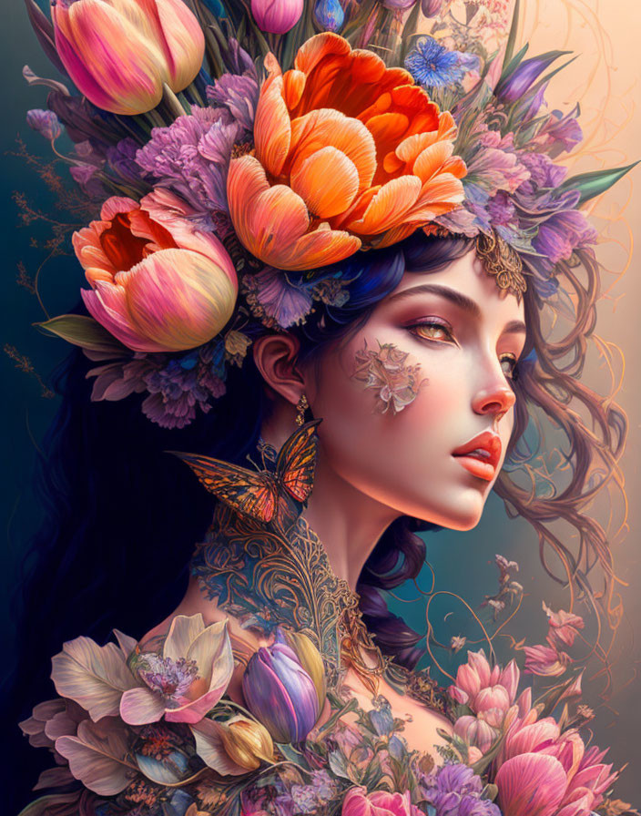 Vibrant Flower Headdress and Butterfly Portrait in Rich Colors