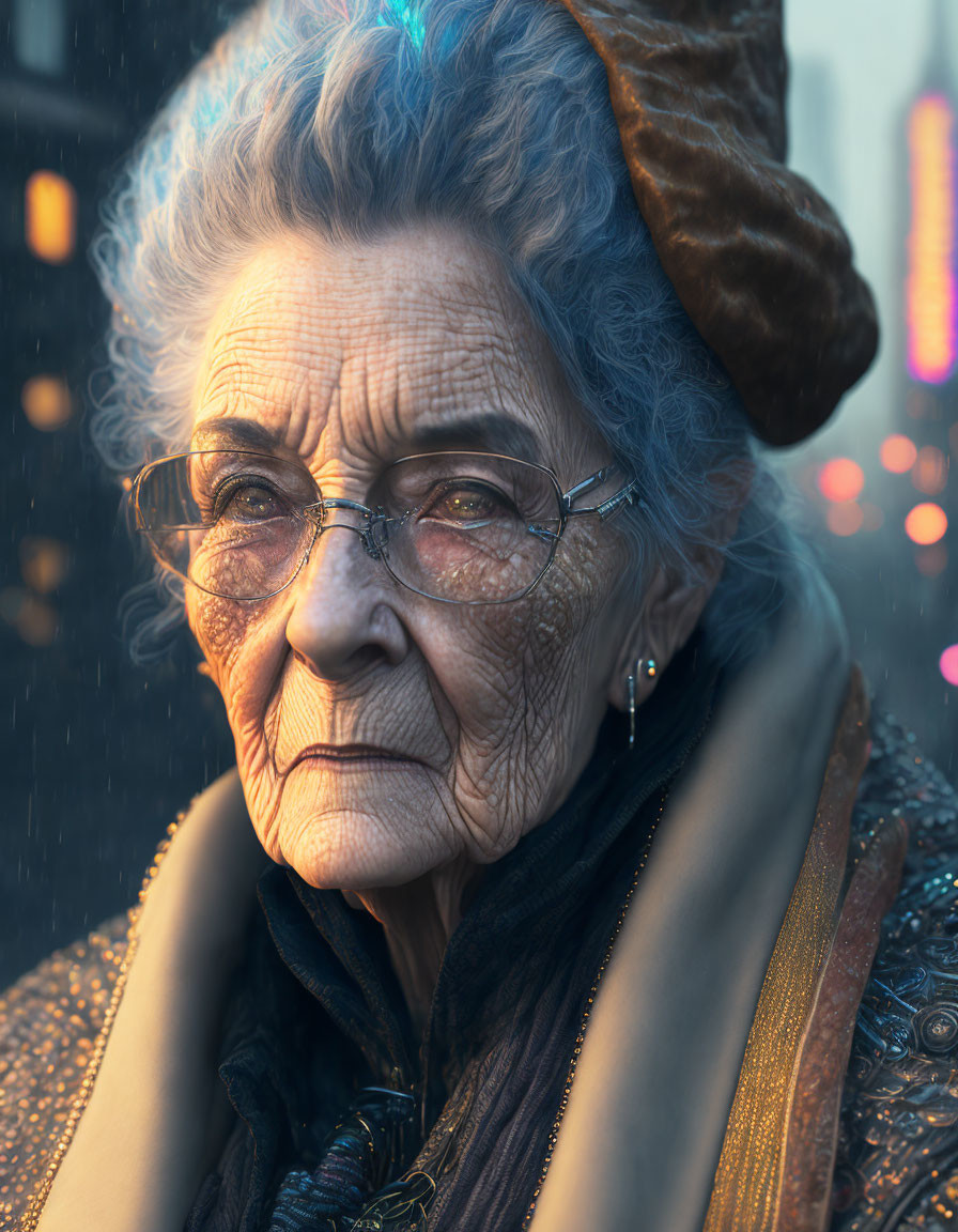 Elderly woman with grey hair and glasses in thoughtful gaze with bokeh lights and raindrops.