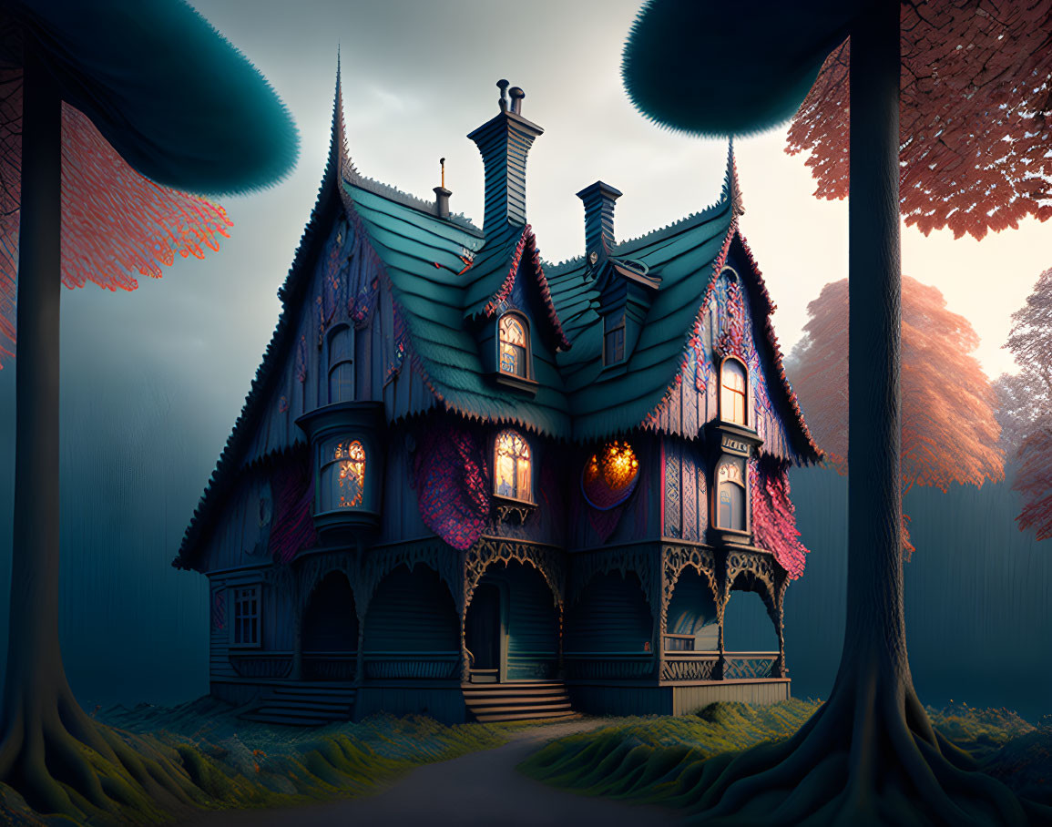 Victorian house with stained glass windows in fantasy forest at dusk