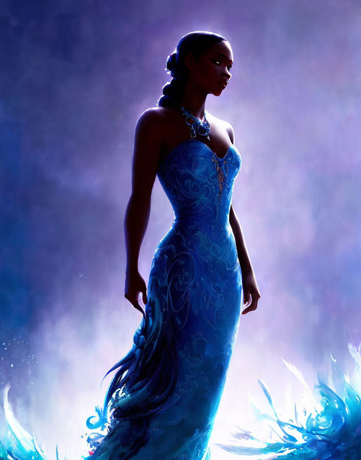 Elegant woman in blue gown with intricate designs and subtle glow