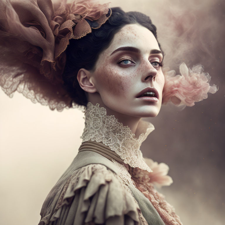 Vintage-Styled Woman in Ruffled Collar and Ornate Headpiece on Misty Background