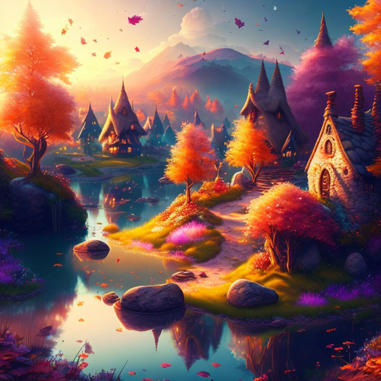 Fantasy-style cottages in vibrant autumn landscape