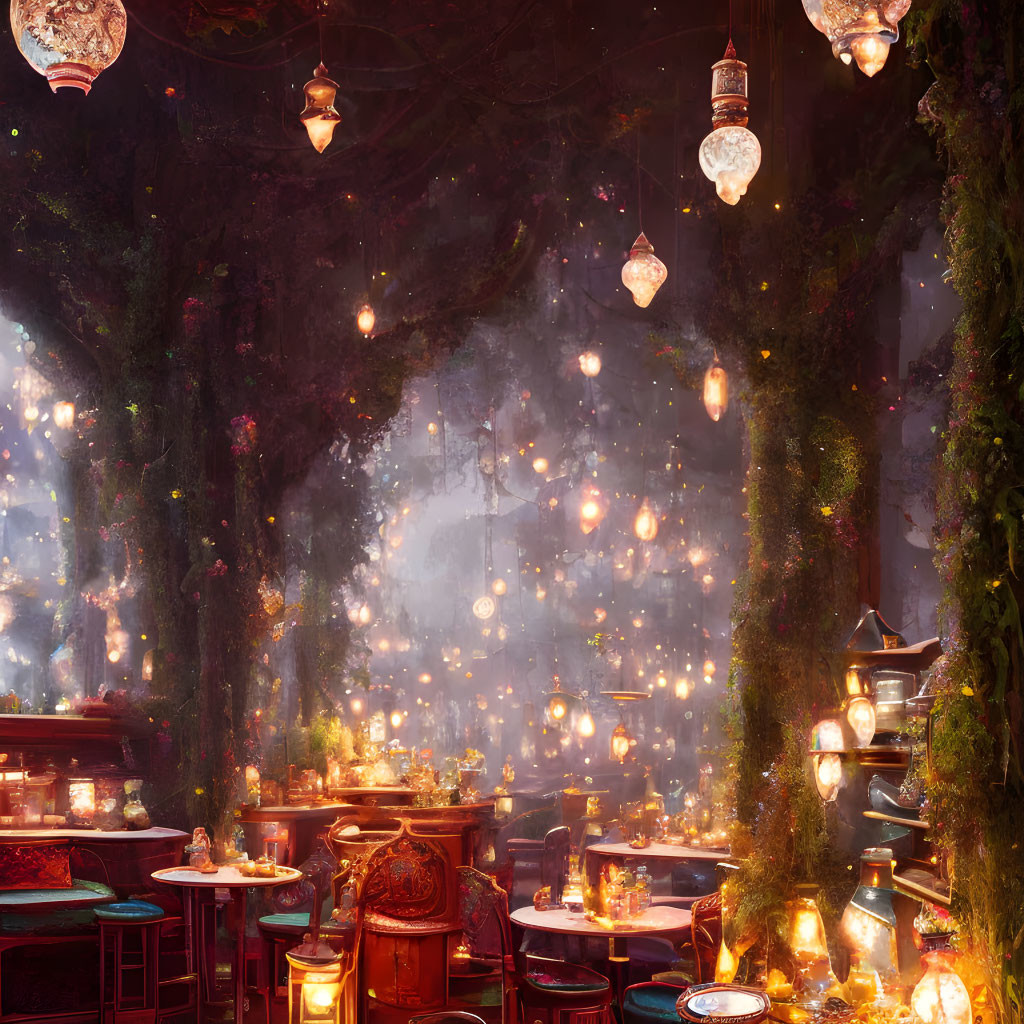 Lush foliage and hanging lanterns create a magical dining ambiance