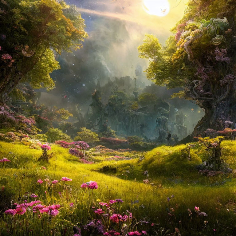 Vibrant greenery, pink flowers, ancient trees in mystical fantasy landscape