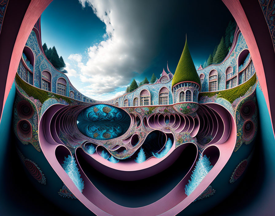 Surreal digitally manipulated image of whimsical castle vortex