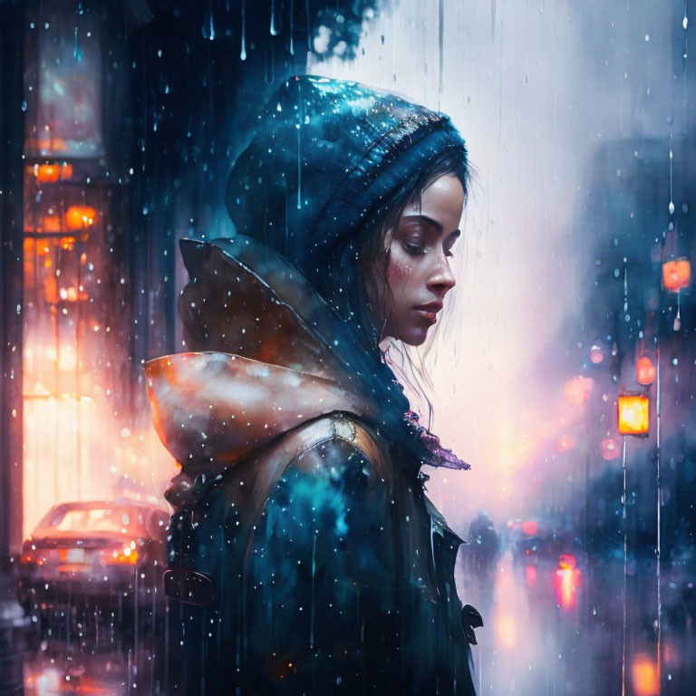 Person in hooded jacket stands in rain at dusk with city lights in background