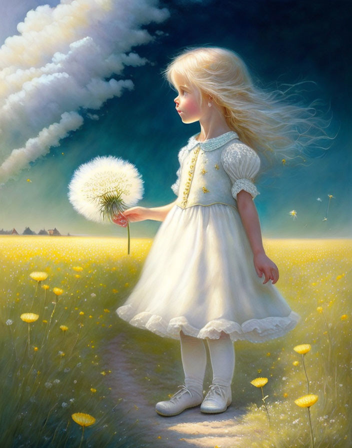 Young girl in white dress holding dandelion in field at sunset