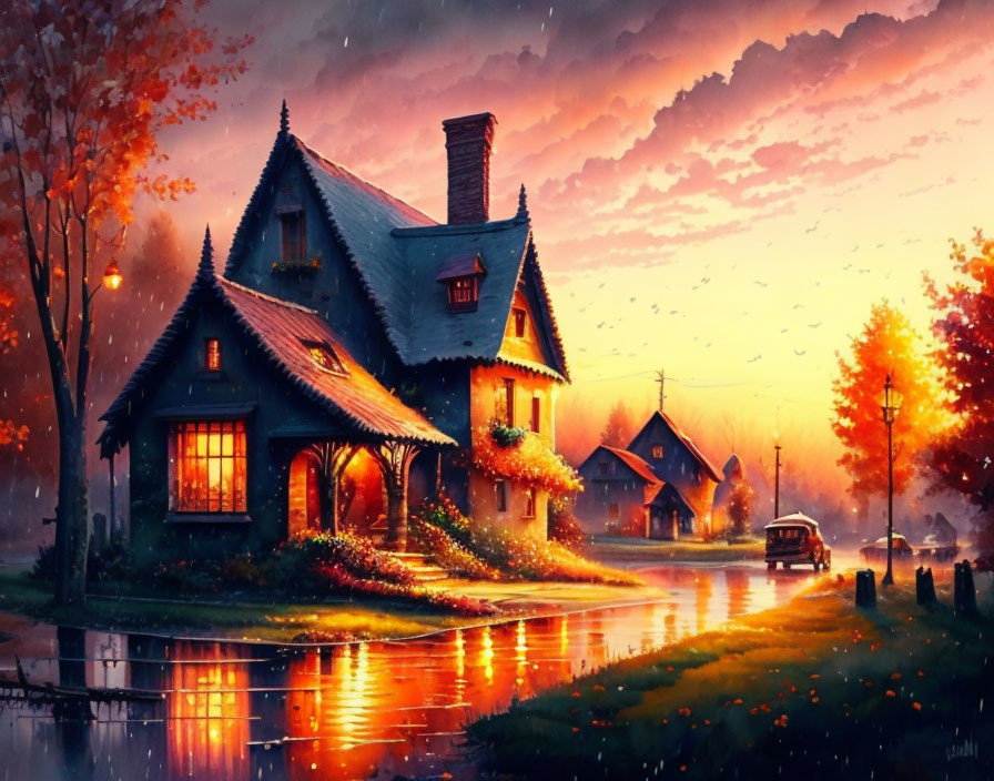 Cozy illuminated cottage by wet road with reflections, lush greenery, ambient streetlights, dramatic sunset