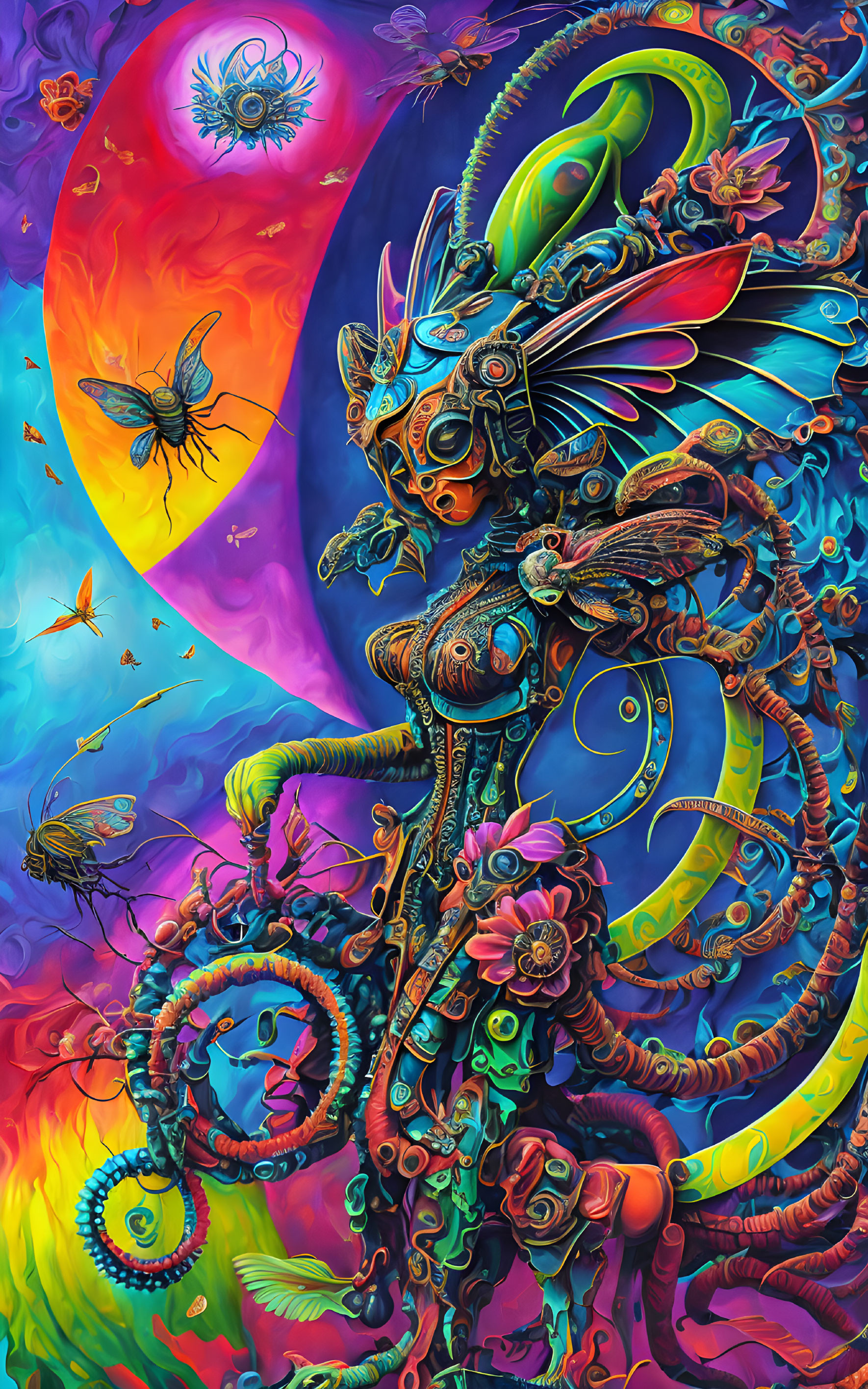 Colorful Psychedelic Creature with Tentacles and Butterflies on Moonlit Background
