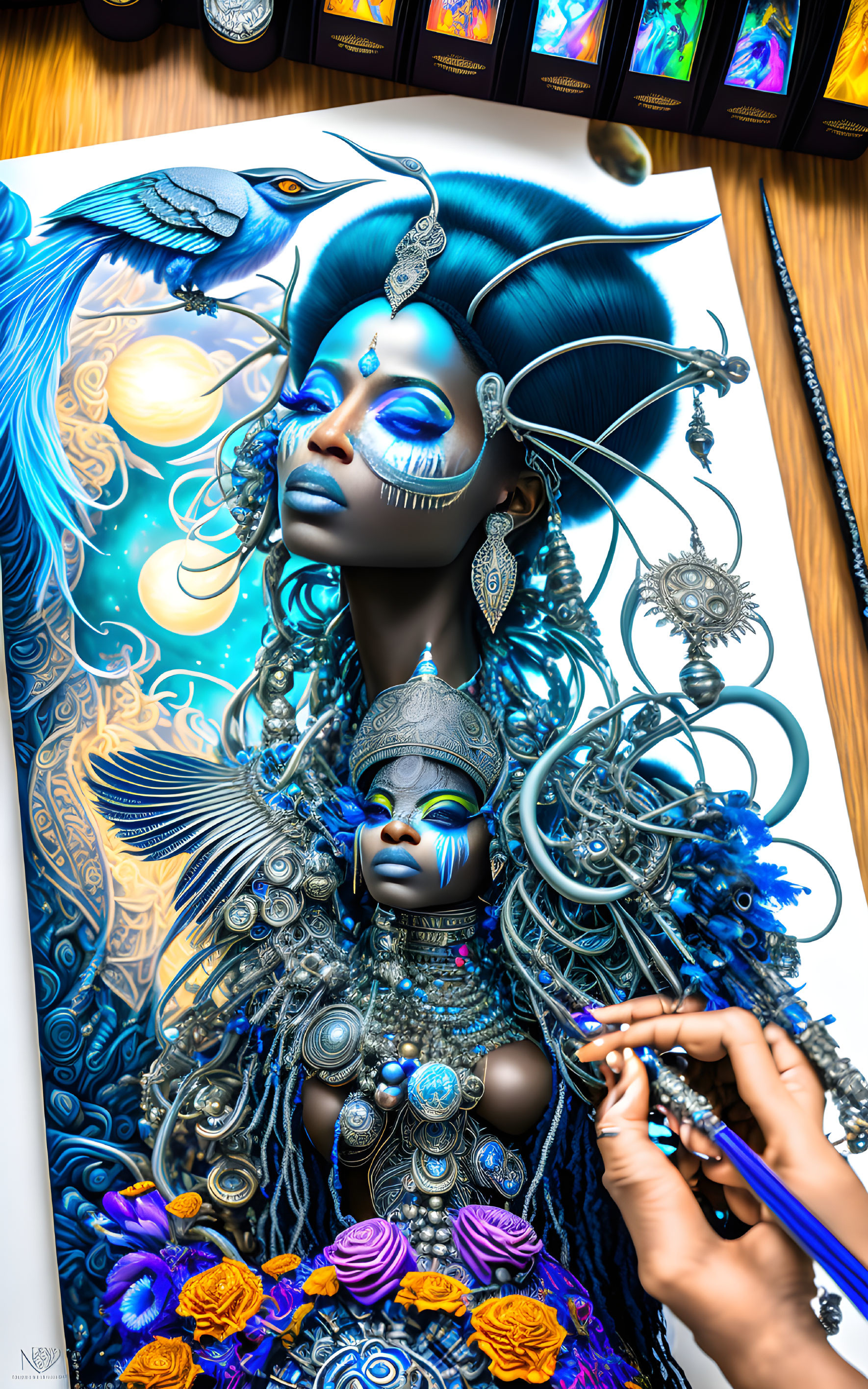 Detailed illustration of fantastical blue-skinned woman with intricate jewelry and feathers