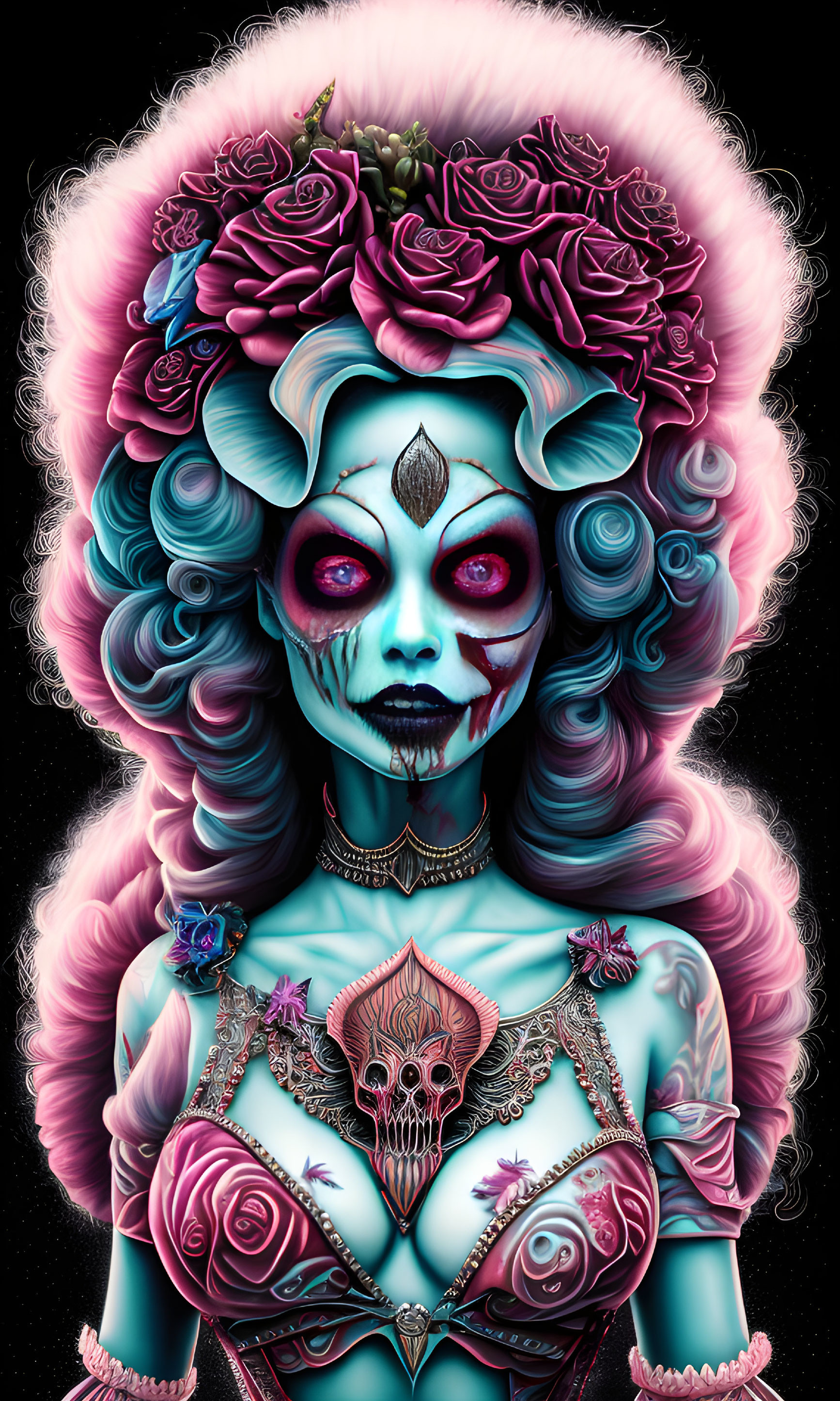 Colorful Female Figure with Skeleton Makeup and Third Eye Portrait