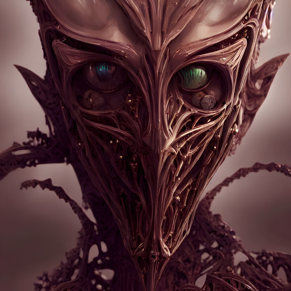 Detailed Close-Up of Surreal Biomechanical Entity with Vibrant Green Eyes