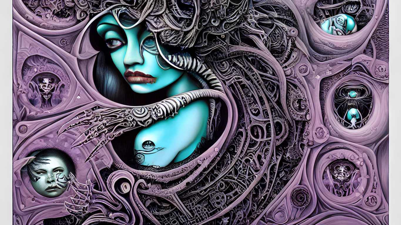 Surreal digital artwork of woman's face with intricate patterns and mechanical elements