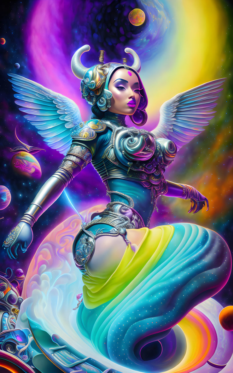 Ethereal winged female figure in futuristic armor among vibrant cosmic backdrop