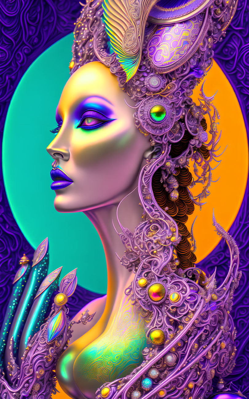 Regal purple-toned woman with headdress and jewelry on textured background