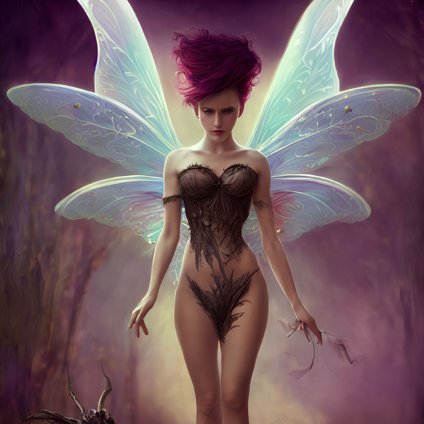 Vibrant female fairy with translucent wings in mystical forest