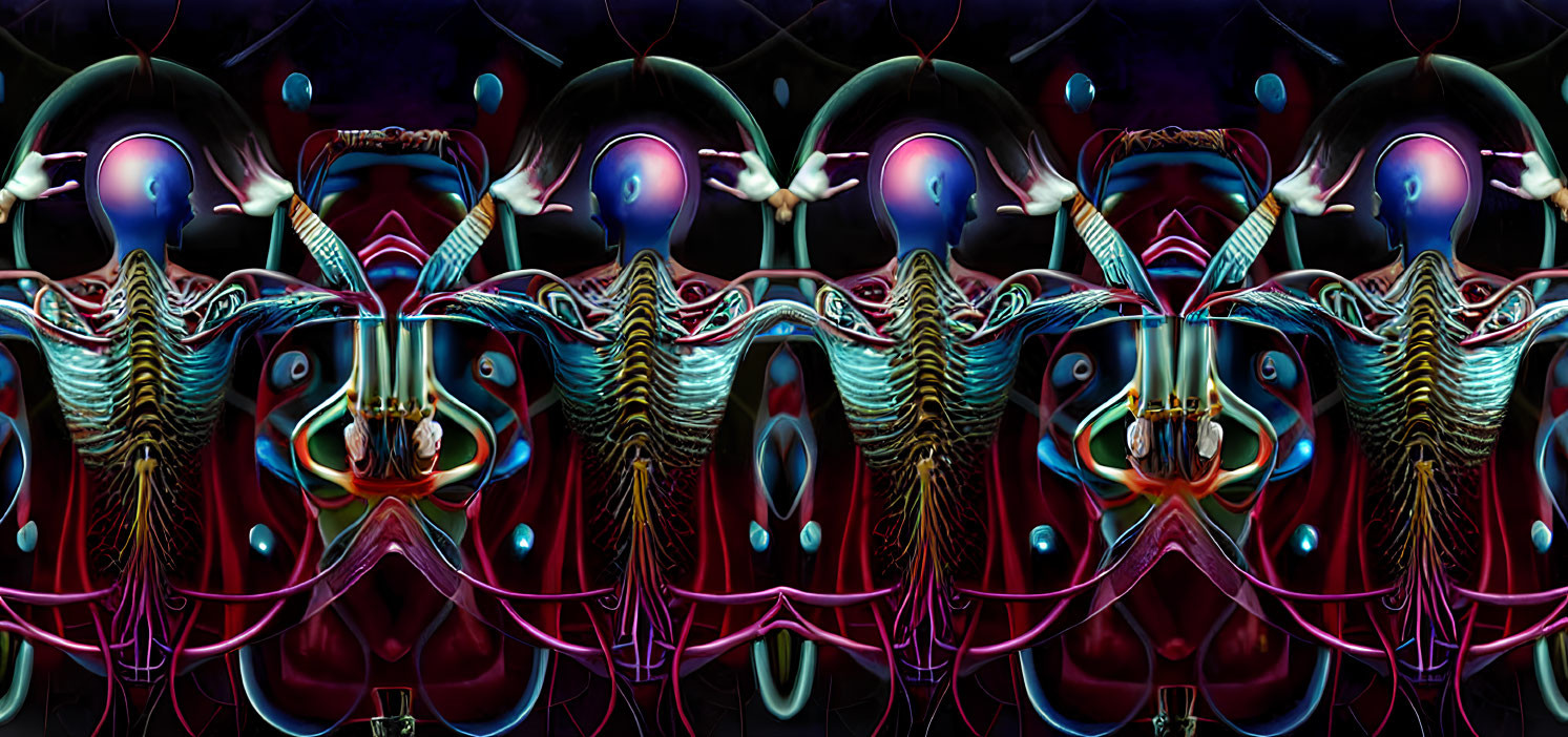 Symmetrical fractal image with vibrant blue, purple, and red hues depicting abstract biomechanical shapes