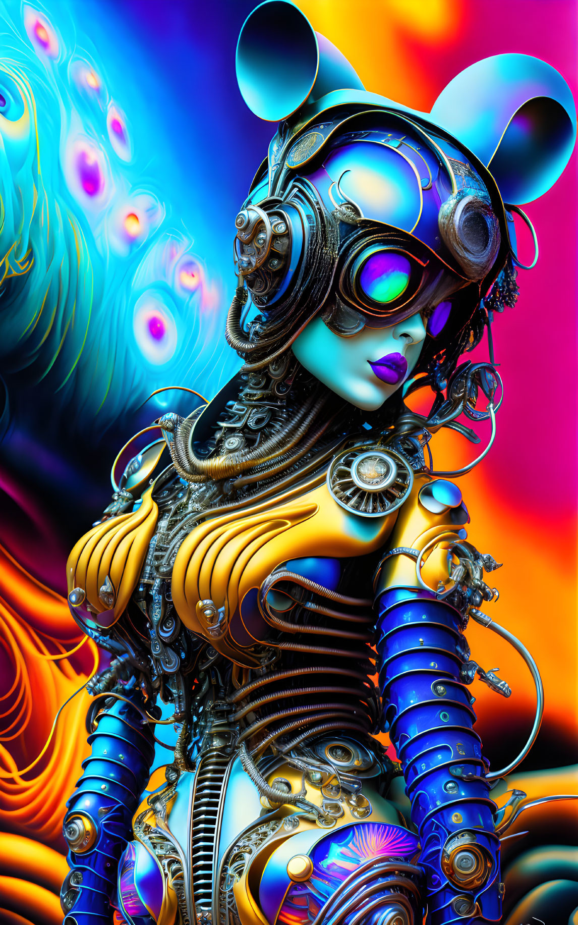 Vividly colored futuristic digital artwork of female figure with robotic attire and peacock feather motifs