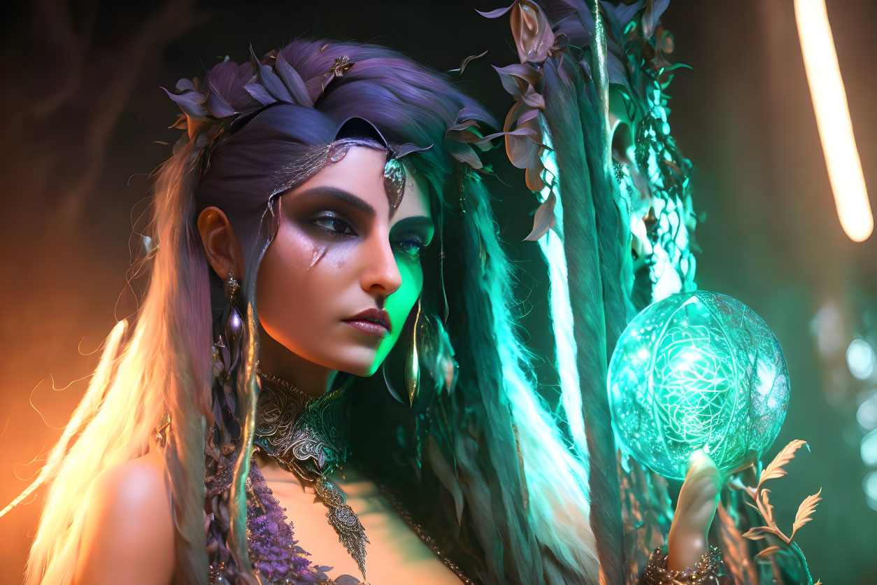 Mystical woman with elfin features holding a glowing orb in forest setting
