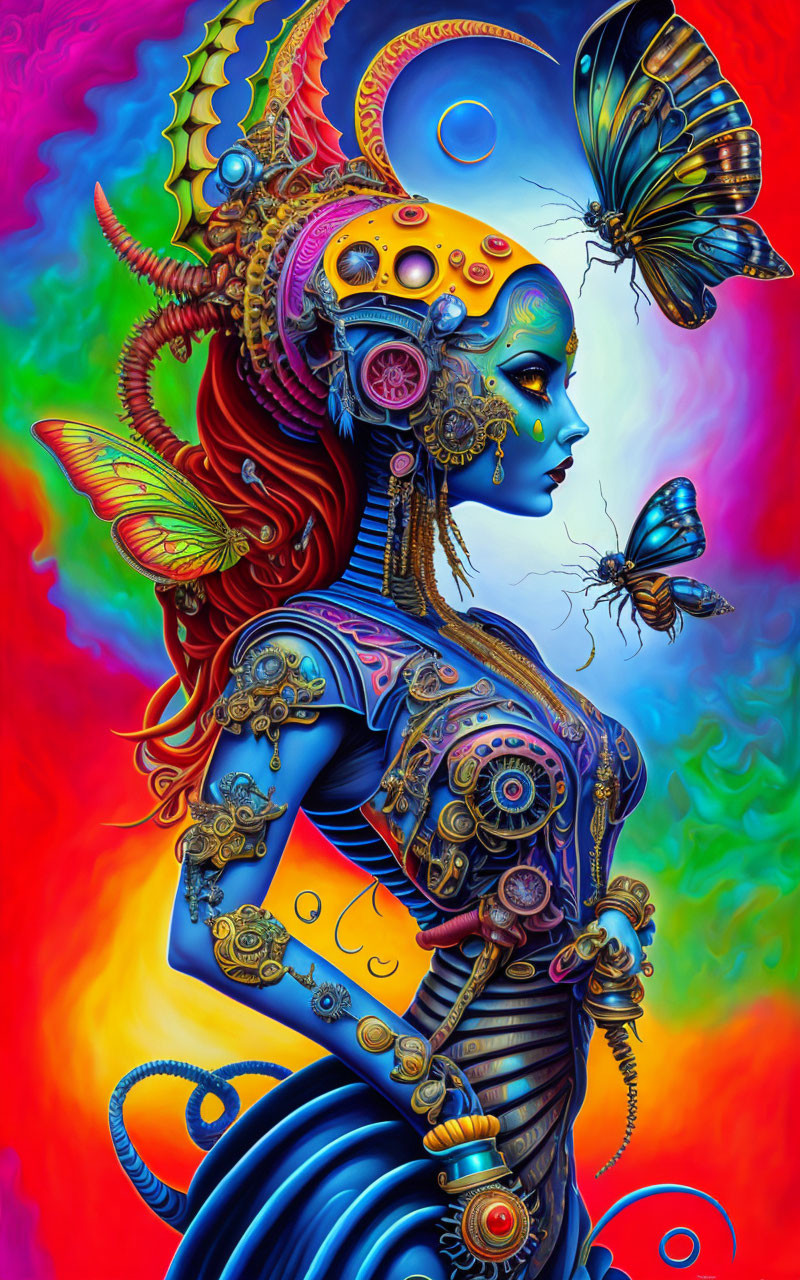 Colorful Artwork: Robotic Woman & Butterflies on Psychedelic Background