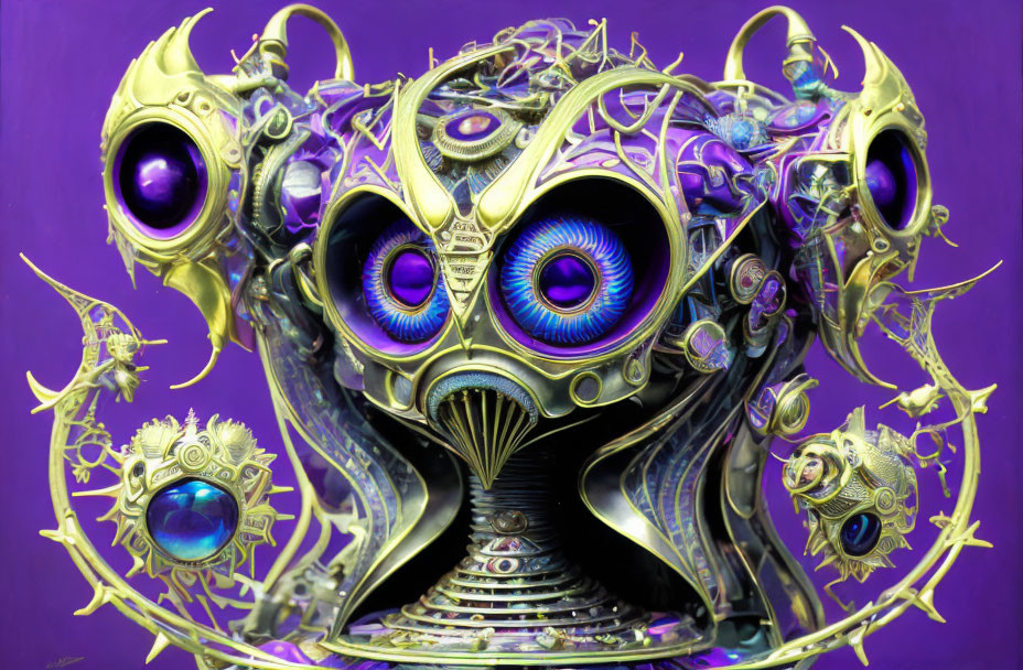 Biomechanical creature with purple eyes on purple background