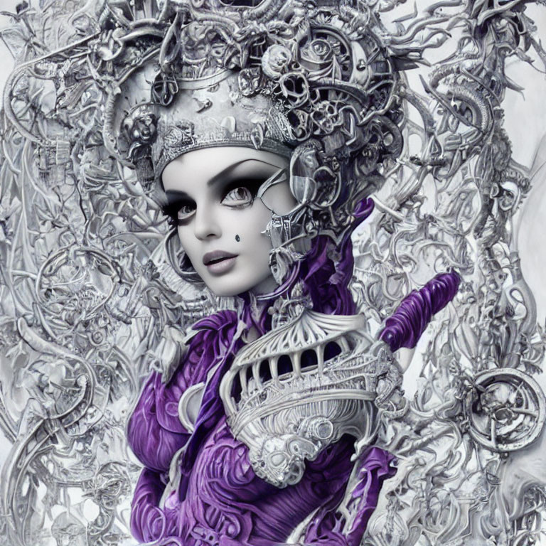 Digital artwork featuring female figure in metallic headpiece, intricate jewelry, purple ruffled attire, against mon