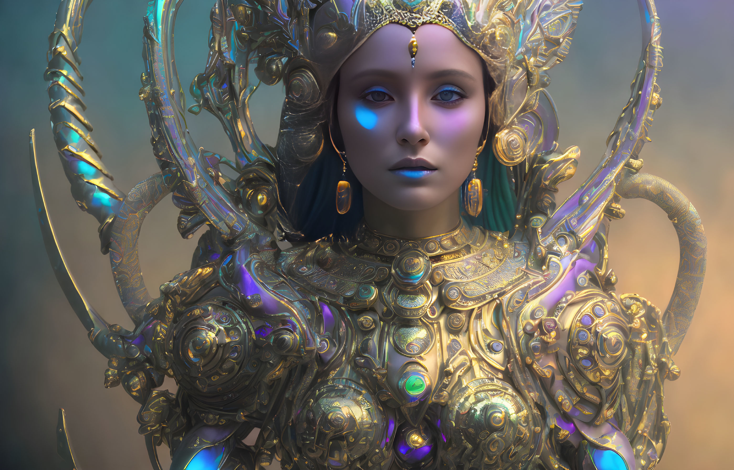 Digital Artwork: Woman in Ornate Gold Armor and Headdress