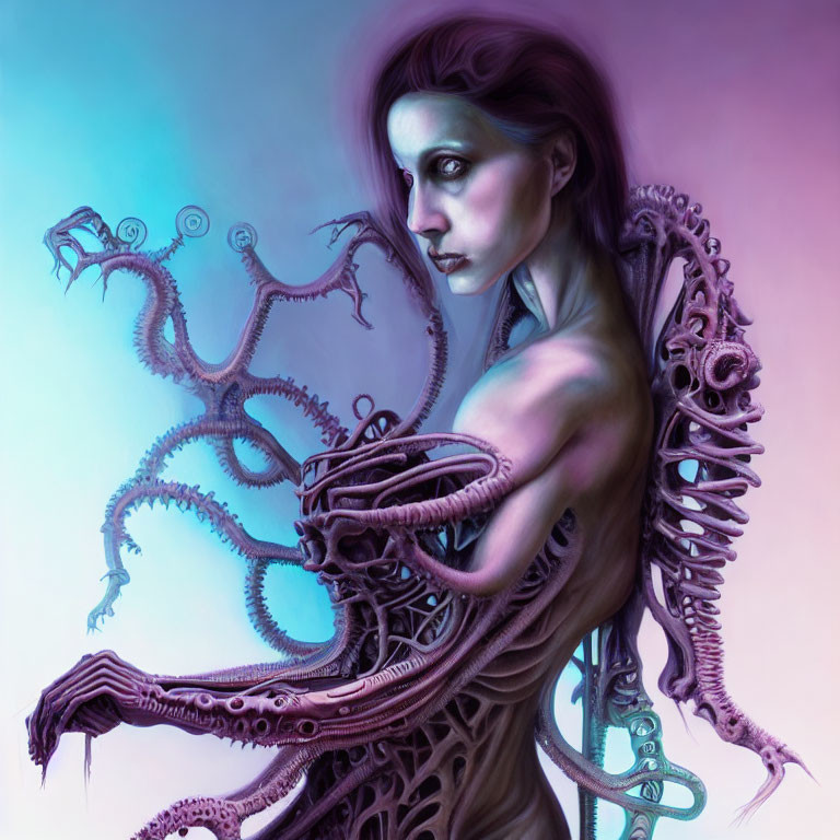 Fantasy art of pale-skinned female with dark eyes and purple tentacle-like appendages