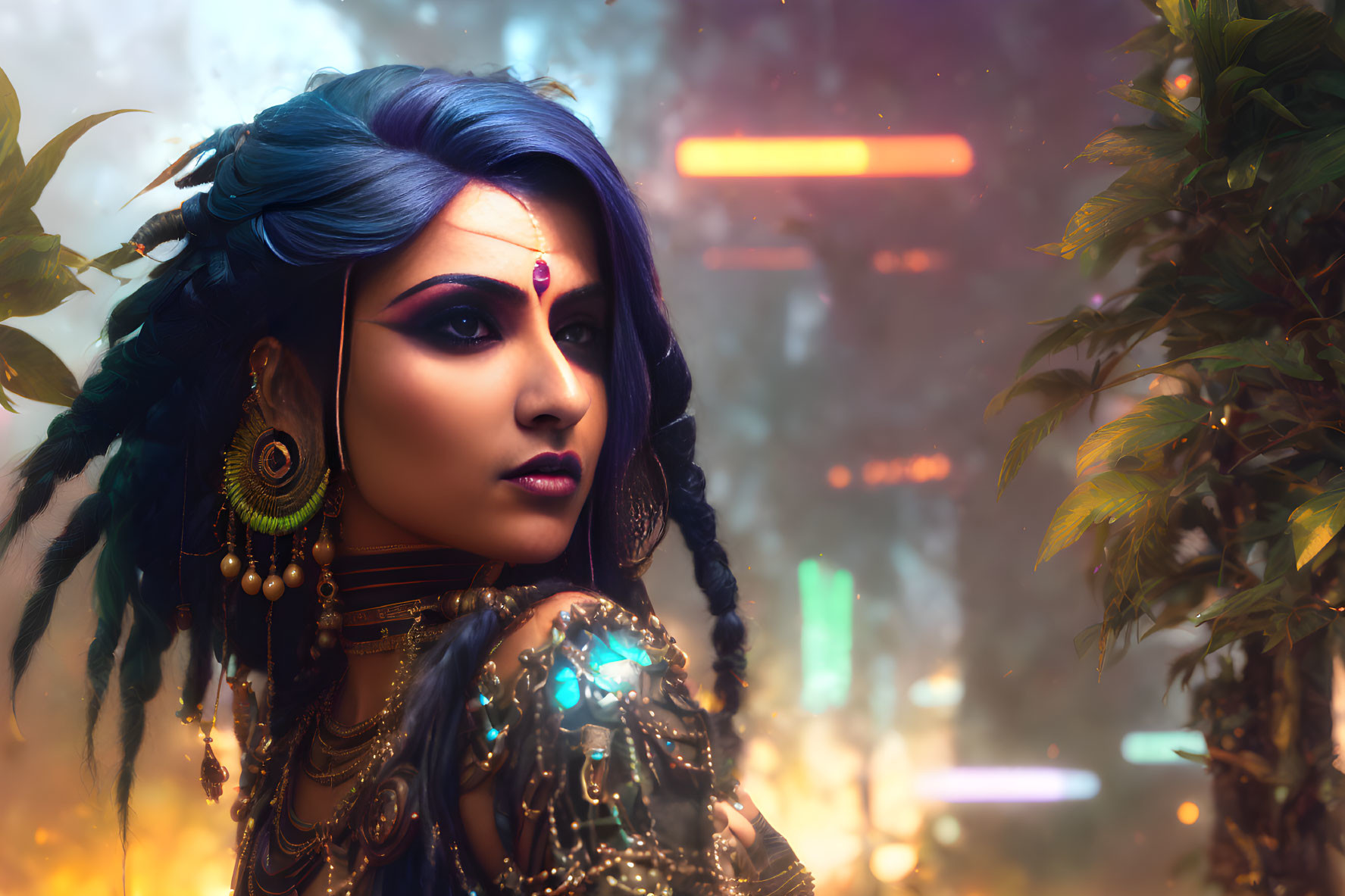 Blue-tinted hair woman in traditional makeup against neon-lit futuristic background