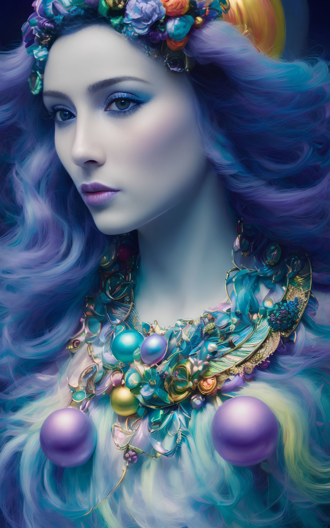 Vibrant Purple Hair Woman with Floral Crown and Statement Necklace