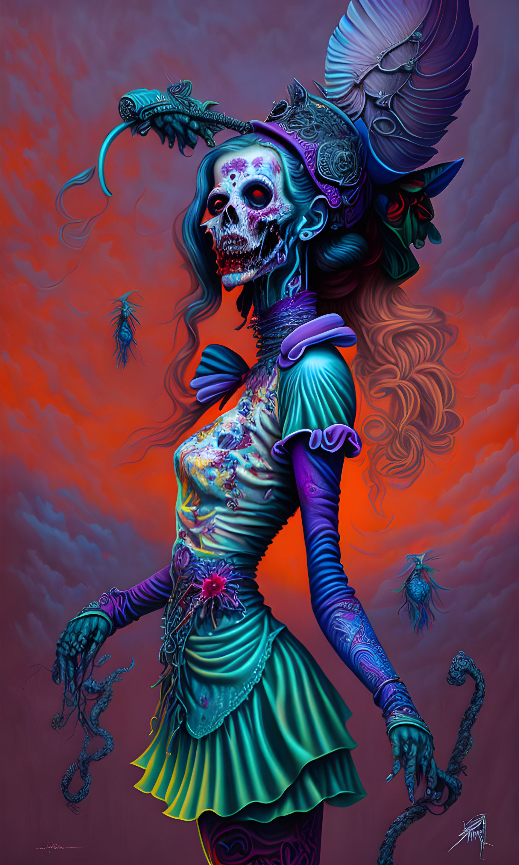 Colorful Skeletal Figure with Tentacles in Moody Sky with Owl