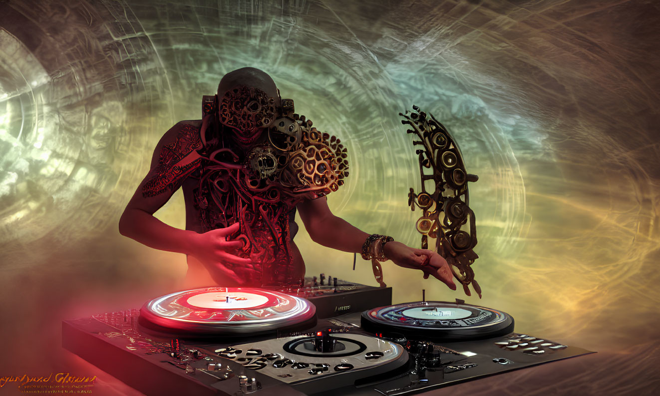 Steampunk-Inspired DJ Mixing on Turntable with Mechanical Cogs