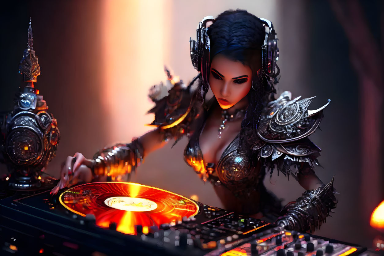 Fantasy-themed DJ in intricate armor mixing records under atmospheric lighting