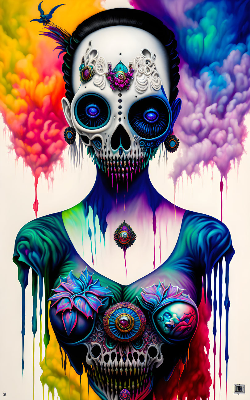 Vibrant skull-faced person with floral adornments on colorful background