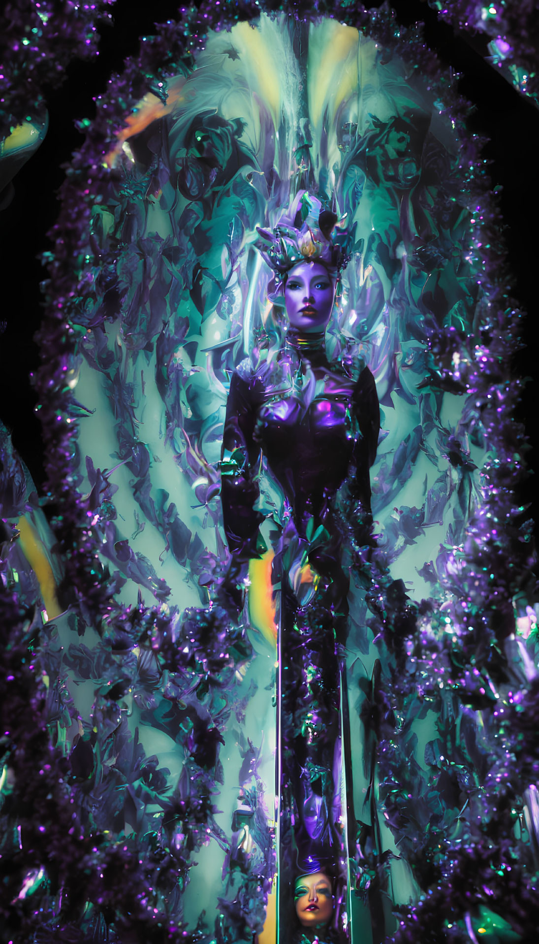 Regal figure in ornate armor amid luminous purple flora