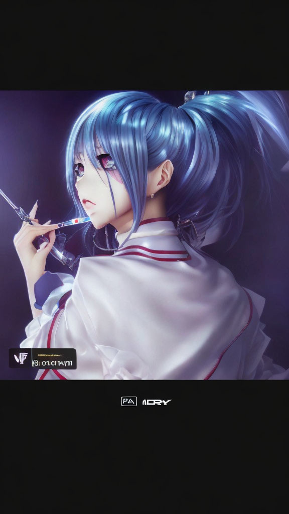 Blue-haired girl in school uniform with scissors, thoughtful expression