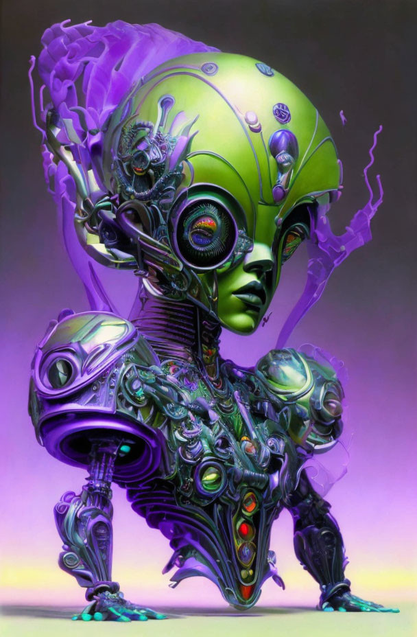 Detailed digital artwork of humanoid robot with purple and silver cybernetic design