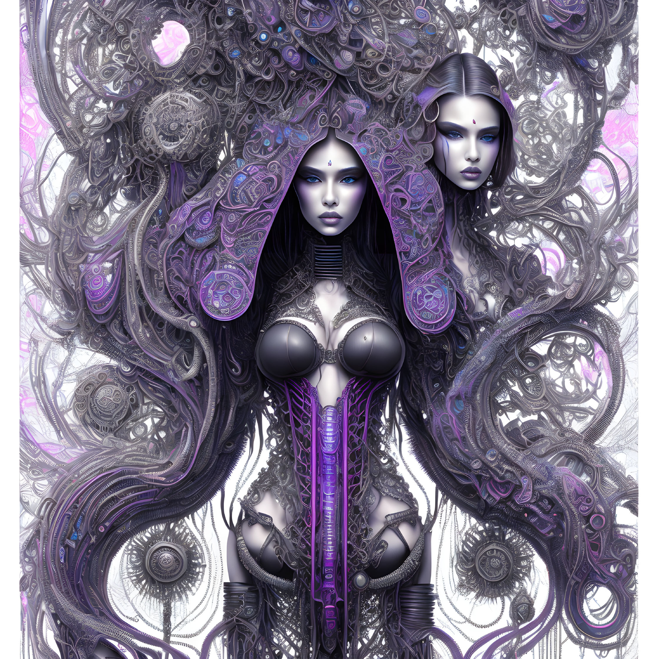 Symmetrical Female Figures with Mechanical Hair in Purple and Black