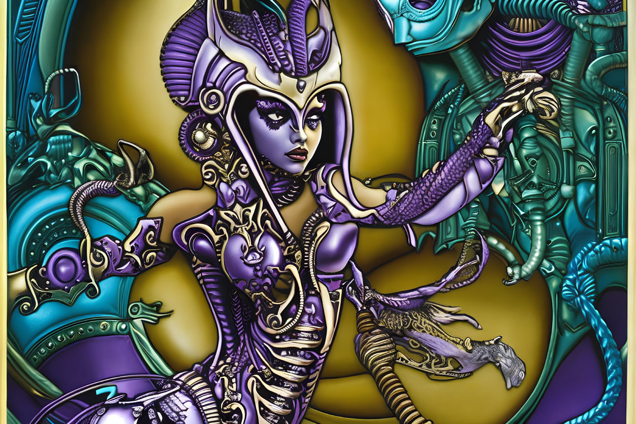 Colorful digital artwork: stylized female character in ornate armor and headdress with scepter on