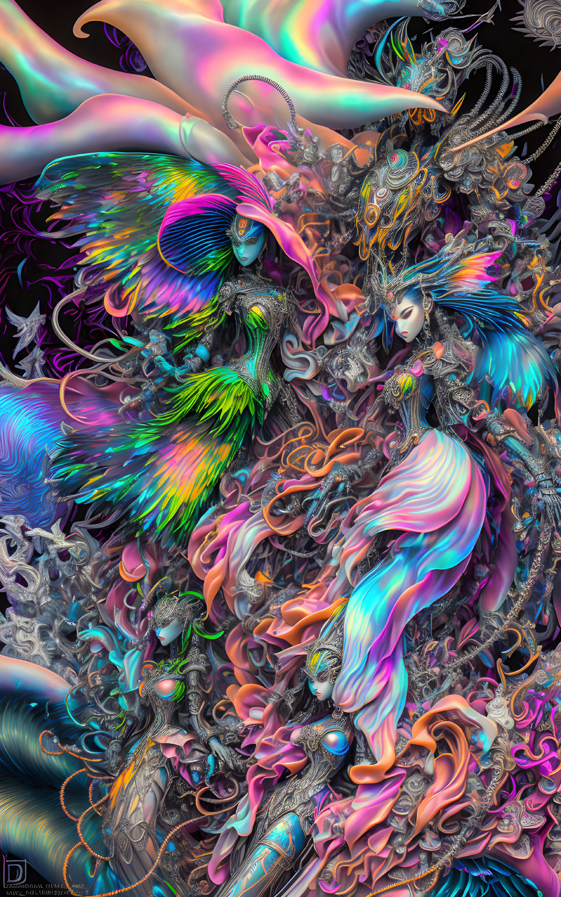 Colorful Digital Artwork: Fantastical Figure with Mechanical Wings