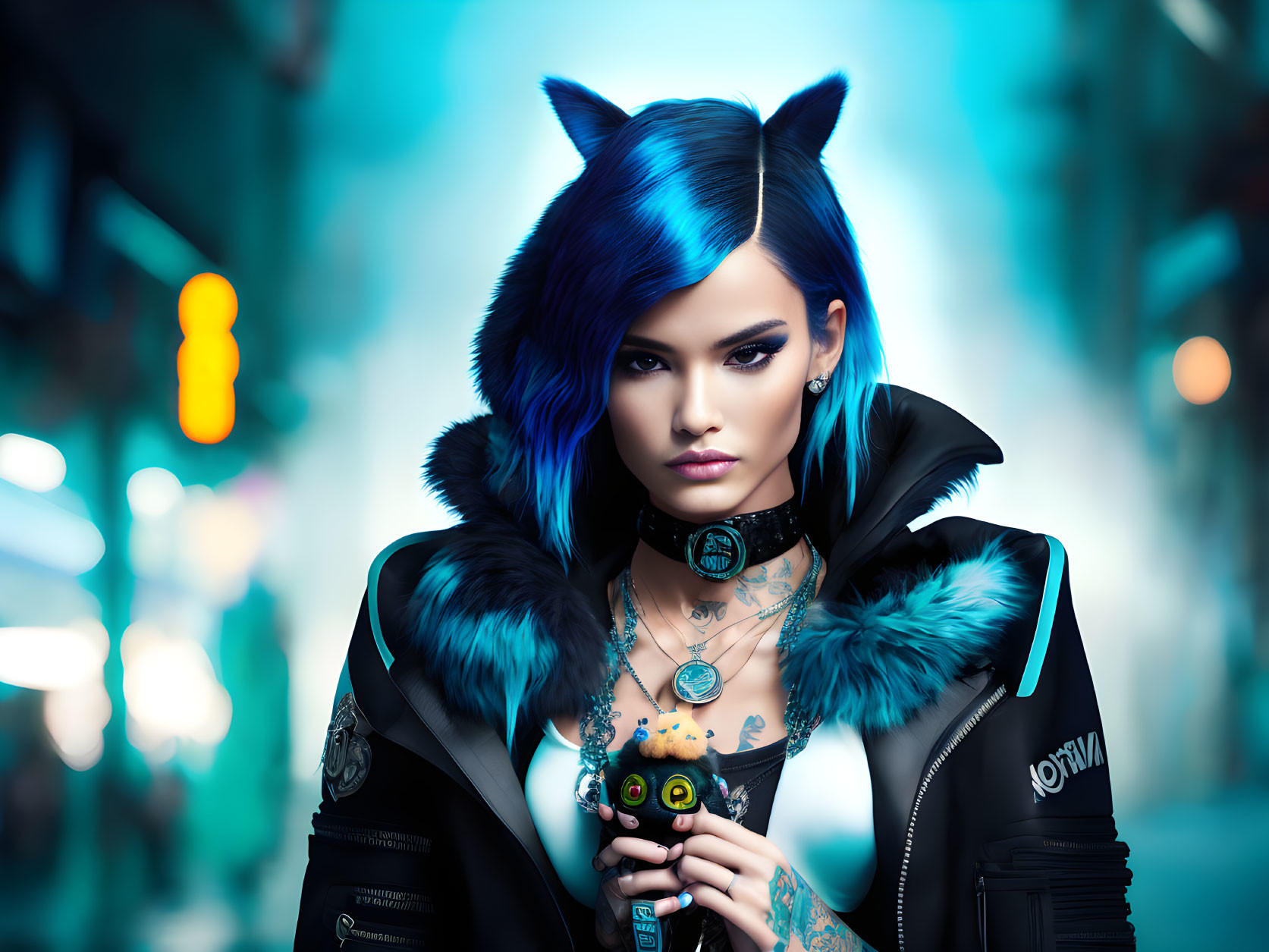Blue-haired woman with cat ears and owl in neon cityscape.