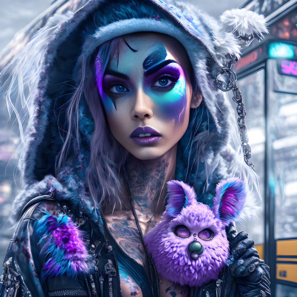 Woman with blue and purple makeup holds fluffy toy in futuristic urban setting