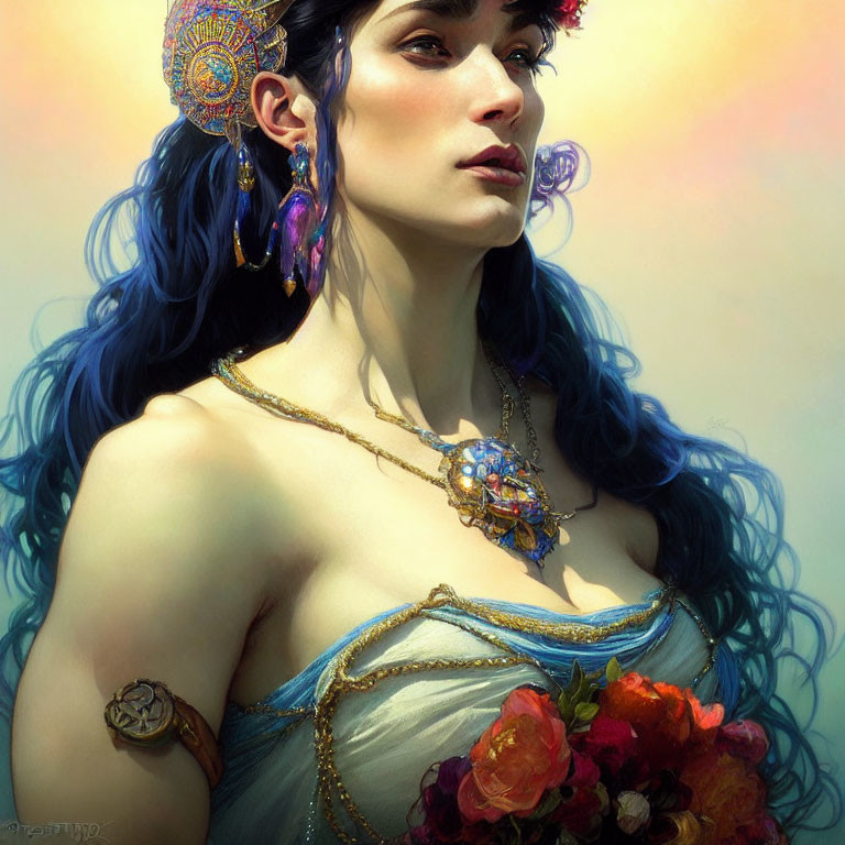 Portrait of Woman with Vibrant Blue Hair and Gold Accessories Holding Flowers